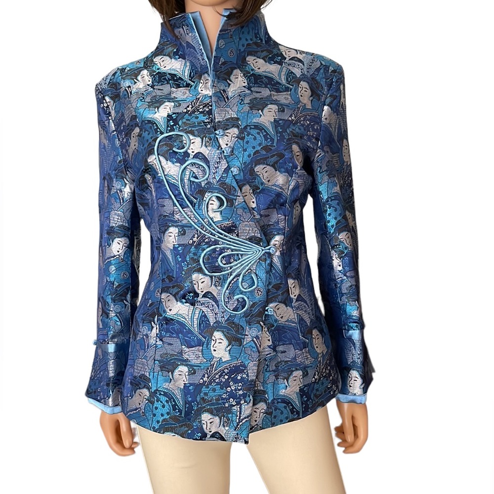 NWT Asian Shanghai Silk Geisha Print Mandarin Collar Blazer